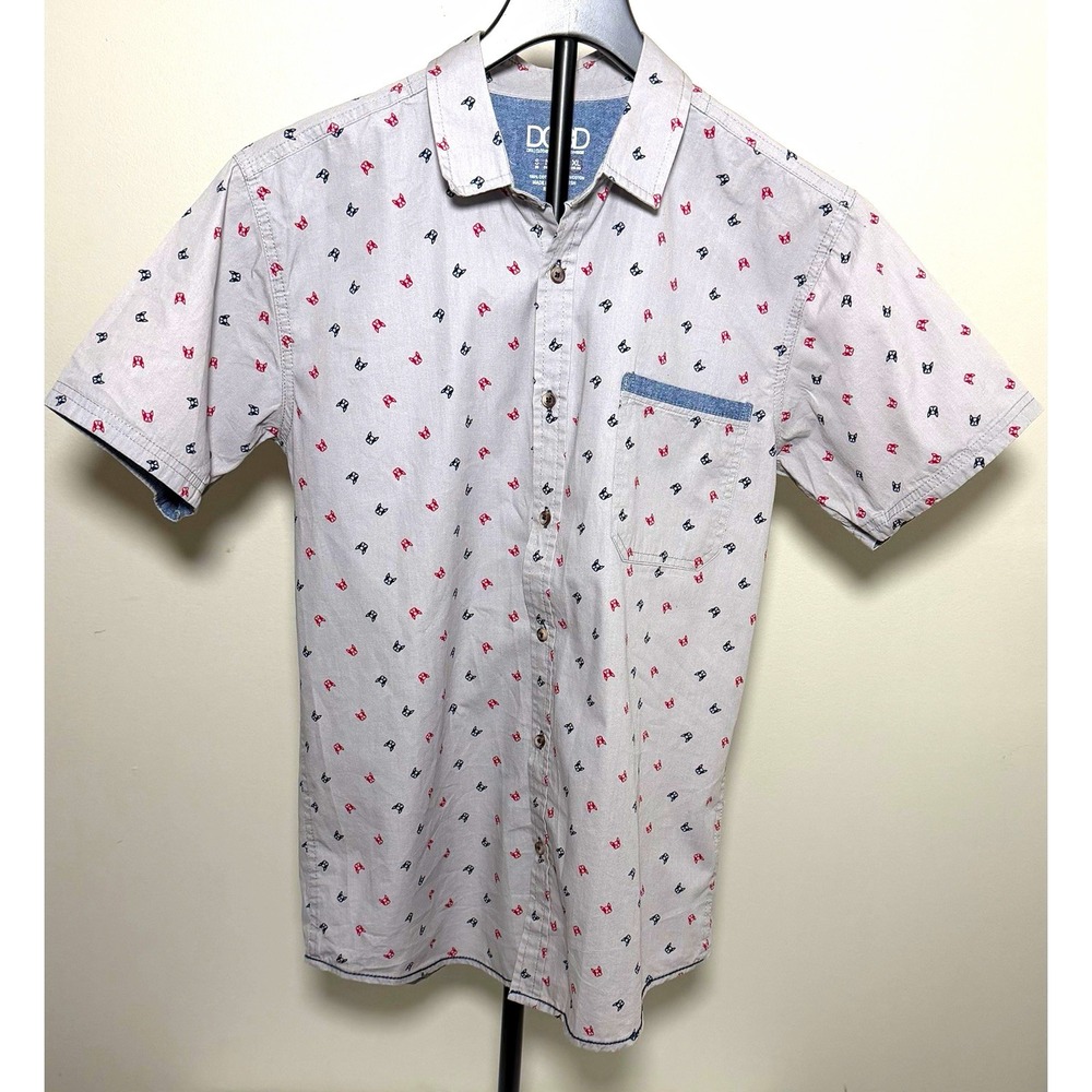 DCBD Boys XL Short Sleeve Button-Front Shirt Dog All-Over Print Cotton Frenchie